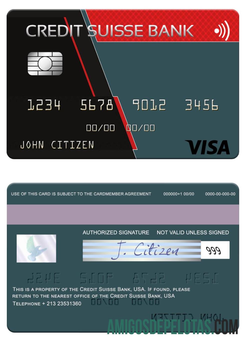 Cartão Visa do Banco Credit Suisse dos EUA amostra